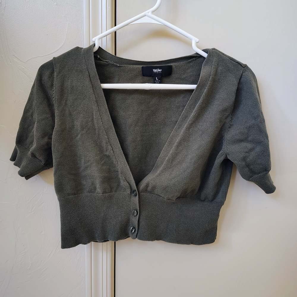 Mossimo Olive Knit Button Cardigan Sweater V-Neck Short Sleeve Women